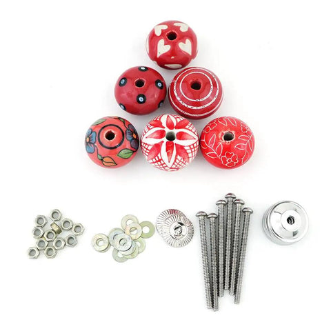 Dope Red Ceramic Drawer Knobs Set Of 10 Handcrafted Cabinet Handles That Kick Up Your Kitchen Cupboards Dressers Wardrobes Or Furniture Makeovers With Killer Texture And Super Tight Quality, showing six red knobs and hardware.