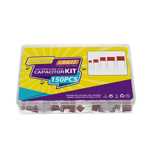 Top Notch Metallized Film Capacitor Assortment Kit 150 Pieces 400V 630V Polyester Polypropylene Capacitors in clear storage box.
