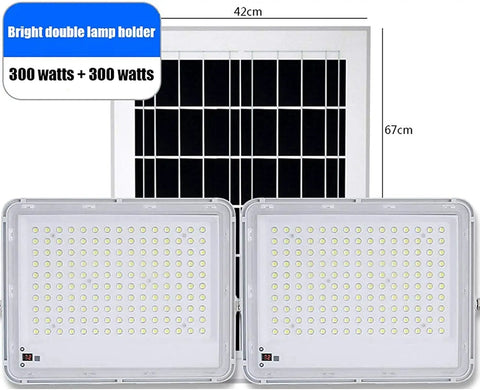 Heavy Duty Double Head Solar Flood Lighting With Remote And IP67 Waterproof Shield For Badass Yard Security and Full Blast Dusk Till Dawn Illumination, showing bright double lamp holder, 300 watts each.