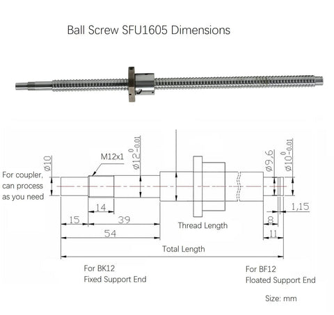 Side view of SFU1605 1000mm 16mm ball screw with anti-backlash nut, bearing end support, coupling, Nema23 motor mount