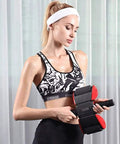 Shred Your Abs and Build a Solid Core with Premium Ab Roller Wheel Plush Knee Pad Included for Killer Home Workouts Thick Foam Grip Handles held by a woman in athletic wear.