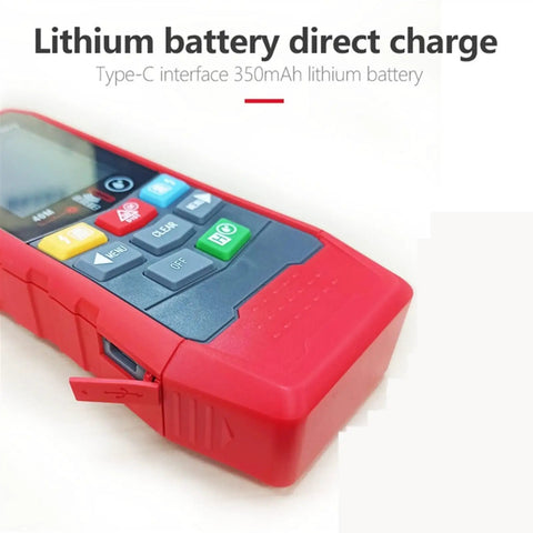 Dead On Precise 4 In 1 Stud Finder Wall Scanner showing lithium battery charge port, red plastic casing, and control buttons.