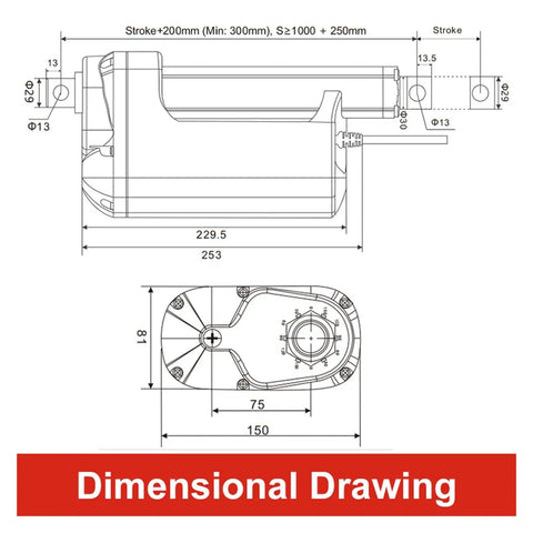 Dimensional drawing of Heavy Duty DC 12V Linear Actuator With 1100mm Stroke And 12000N Rock Solid Thrust Built Tough IP67.