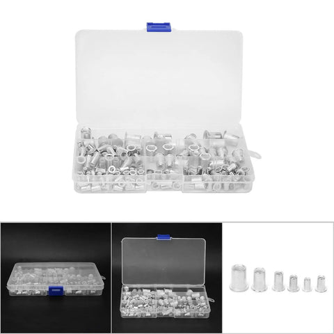 Beefy Aluminum Rivet Nut Kit M3 To M8 Threaded Inserts in open storage case, displayed on black and white backgrounds