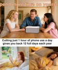 Portable Time Lock Storage Box With Precision Digital Timer Sets For Zero To Thirty Days, shown on a kitchen table with family.