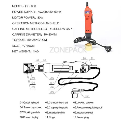 Rock Solid Handheld Bottle Capping Machine With Adjustable 10 To 50 MM Screw Cap Sealer 110V Electric Capper Tool setup, 30cm size.