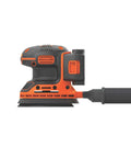 Side view of cordless orbital sander with 12,000 OPM, lightweight design, and hook-and-loop sandpaper system, shown with battery.