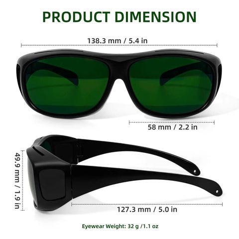 Heavy Duty Laser Safety Glasses With Wrap Around Coverage Delivers Rock Solid OD5 Plus Protection Against Stray Rays dimensions 138.3 mm x 58 mm x 49.9 mm