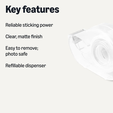 Slick Matte Finish Invisible Tape With Dispenser, Solid 3 Pack Of Translucent Adhesive Rolls For Home Office showing clear dispenser and key features.