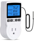 Plug In Thermostat Outlet With Temperature Control And Timer, 1800W 110V 15A, Backlit Digital Display showing measured temperature
