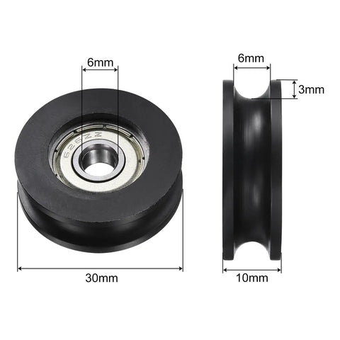 4 Pcs U626ZZ Double Shielded U Groove Pulley Bearings 6 X 30 X 10 mm shown from front and side with chrome steel and nylon features.