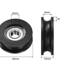 2 Pack U626ZZ Bearing Pulley With Chrome Steel Inner Ring And Nylon Grooved Sleeve 6X30X10MM side view with dimensions.