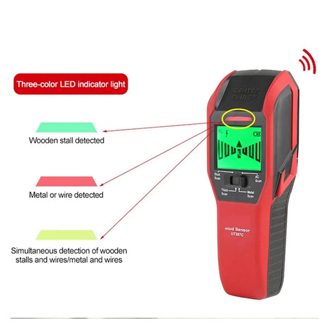 Heavy Duty Digital Wall Scanner And Stud Finder With Live Wire And Electric Cable Detector showing LED indicators, precise scanning features.