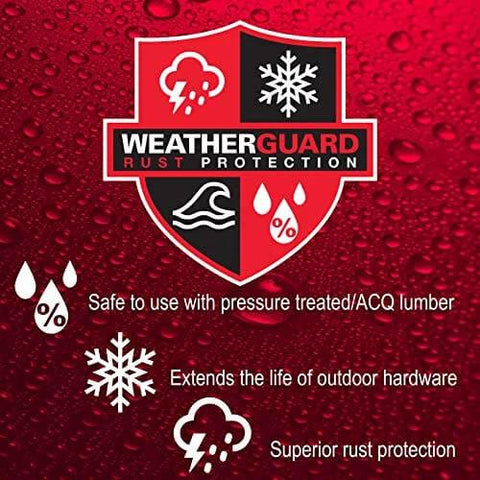 WeatherGuard rust protection logo with symbols, highlights durability for 6 Inch Zinc Plated Extra Heavy T Hinge with Weatherguard Protection.