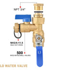 Three Quarter Inch IPS Isolator Tankless Water Heater Service Valve Kit with Pressure Relief Valve, clean brass, blue handle