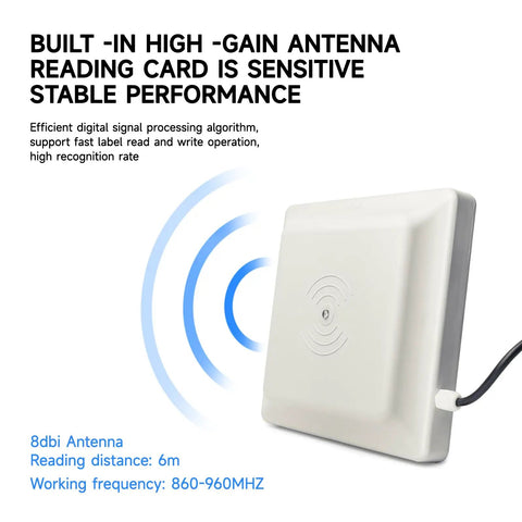 UHF RFID Reader With 6 Meter Long Range, Outdoor IP67 Rated, 8dBi Antenna, USB and RS485, side view, white casing