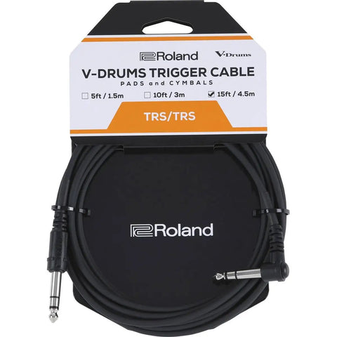 15 Feet Electronic Drum Trigger Cable For V-Drums And Percussion Modules packaging with quarter inch TRS ends visible.