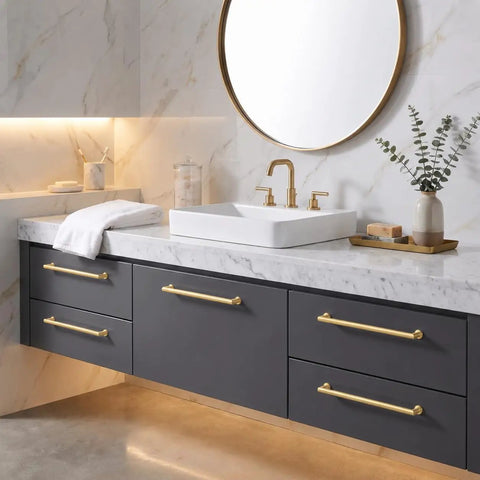 2 Pack Of 6 Inch Matte Gold Cabinet Pulls With Brushed Satin Finish For Kitchen Cabinets And Bathroom Drawers on modern gray vanity.