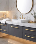 5 Pack 12 Inch Matte Gold Cabinet Pulls Brushed Satin Drawer Handles Built Tough Solid Zinc Alloy on modern bathroom vanity.