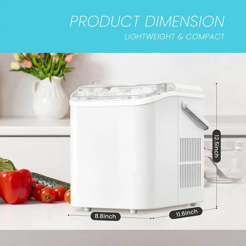 Grab And Go Countertop Ice Maker With Handle Portable Ice Machine Delivers Ice In Six Minutes, white with dimensions shown