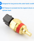 Coolant temperature sensor (ECT) with brass body, red-thread sealant, and black plastic connector.