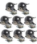 Eight Piece Heavy Duty Antique Bronze Furniture Casters With Brakes Featuring Smooth Ride Swivel Wheels For Couches Cabinets And Office Chairs With Flat Plate Mounting And Tough As Nails Build Quality, showing black round wheels.