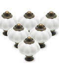 Top Shelf Vintage White Ceramic Pumpkin Cabinet Knobs Totally Bangin Styles For Kitchen Drawers And Bedroom Dressers Gonna Upgrade Any Space Quick Install 12 Piece Hardware Bundle Included, six ceramic pumpkin knobs displayed.