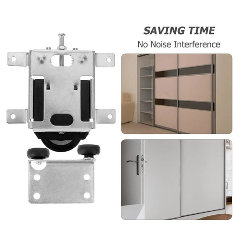 Heavy-Duty Stainless Steel Sliding Door Roller Kit With Double Bearings, close-up of roller assembly and featured sliding doors.