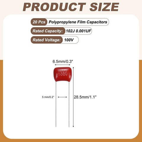 Top Shelf Film Capacitor Bundle Delivers CBB21 And CBB22 Variants Rated At 100V And 0.001UF Including 20 Units To Kick Start Your Next Project Perfect For Household Fixes And Serious Hobbyist Work, showing red polypropylene capacitor sizes.