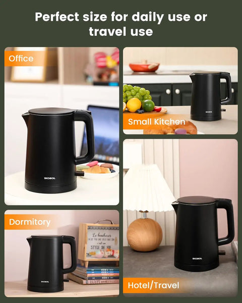 Compact Electric Kettle For Tea And Coffee 0.8L 27 Oz Double Wall Stainless Steel Space Saving Mini Hot Water Heater in kitchen settings