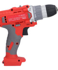 Badass Cordless Electric Drill With Dual Mode Action And Wicked Comfortable Ergonomic Handle For Heavy Duty Home Repairs and Pro Workshop Use With Super Easy One Button Operation And Rock Solid 25 Newton Meter Torque Capacity side view showing red and gray ergonomic handle.
