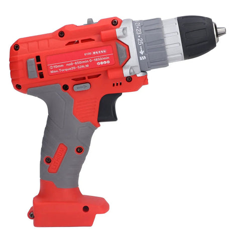 Slick Compact Cordless Electric Drill With Ergonomic Handle And 25 Torque Levels featuring a red and gray design.