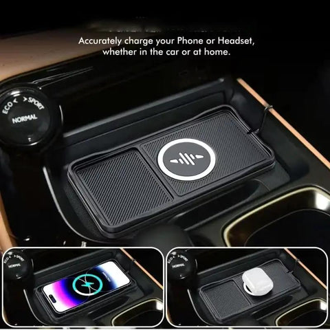 Straight Up Fast Wireless Charger For GMC Sierra 1500 2500 3500 Ev Center Console, charging pad with rubber grip in vehicle.