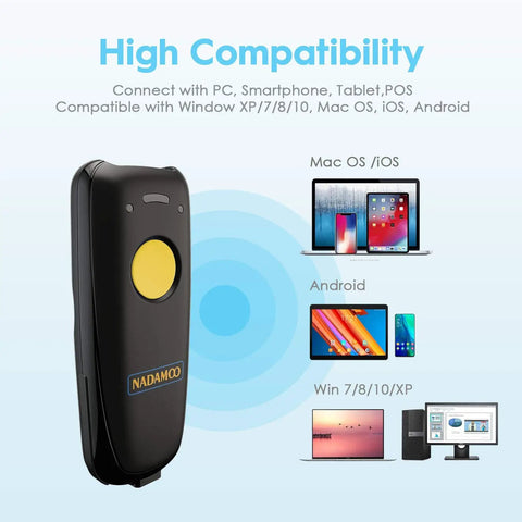 2D Wireless Barcode Scanner With Bluetooth And USB Dock For Inventory Management 1D 2D QR Code Reader Works With Tablets iPhone iPad Android iOS PC POS Includes Charging Dock And Three In One Connection For Easy Setup shown with compatibility graphics for Mac, Android, and Windows devices.