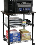 Rock Solid Three Tier Printer Stand Desk Organizer In Sleek Black Finish Scratch Resistant Laminate Top With Heavy Duty Steel Frame with printer and office supplies.