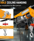 Heavy Duty Electric Hoist providing 550 Pound lifting capacity and powerful 560 Watt motor, showcasing stop device and latch.