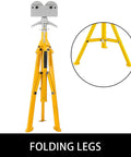Rock Solid Roller Pipe Stand With Adjustable Height And Foldable Legs handles steel tubing with stable yellow folding legs.