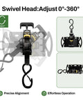 Rotating Retractable Ratchet Straps For Toyota Tacoma Tundra And Jeep Gladiator Bed Rails showing 360-degree swivel head