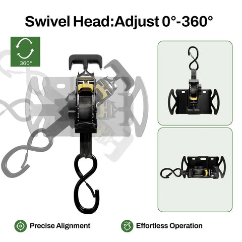 Rotating Retractable Ratchet Straps For Toyota Tacoma Tundra And Jeep Gladiator Bed Rails showing 360-degree swivel head
