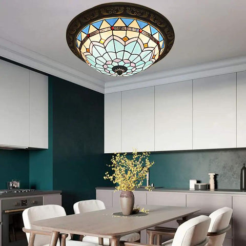 Stained Glass Dome Flush Mount Ceiling Light Three Light Tiffany Style Pendant Retro Vibe LED Fixture in modern kitchen