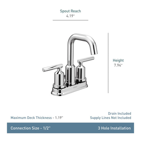 WS84228 Dope Chrome Finish Two Handle High Arc Bathroom Faucet With Mirror Shine Easy Four Inch Centerset Install Lever Temperature Control ADA Compliant Bathroom Fixture For Modern Homes on display with dimensions.