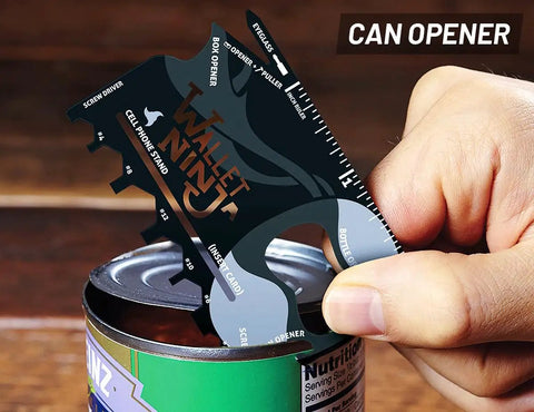 18 In 1 Credit Card Sized Multitool Card For Quick Fixes And Everyday Carry, shown opening a can