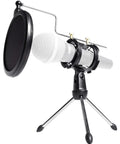 Top Shelf Podcast Bundle With Usb Audio Interface includes a dual XLR dynamic mic and pop filter mounted on a tripod stand.