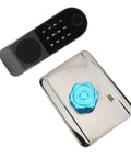 Rock Hard Aluminum Alloy Smart Deadbolt Featuring Rapid Fingerprint Reader and dual key cards on a stainless steel base.