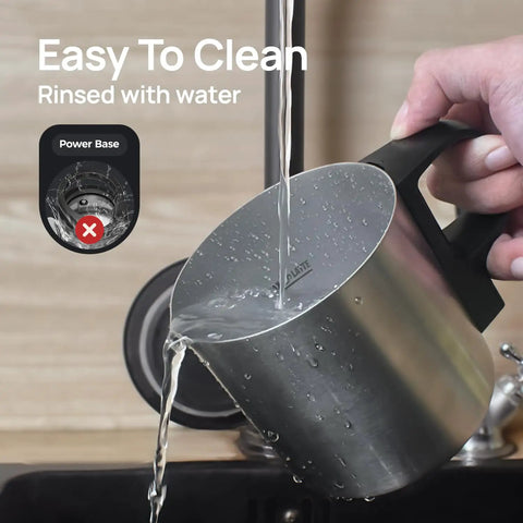 Hand rinsing 4-In-1 Milk Frother And Warmer For Hot Or Iced Lattes Cappuccinos And Macchiatos, Barista-Grade Foam Electric Steamer 12.5oz Stainless Steel Milk Warmer under tap