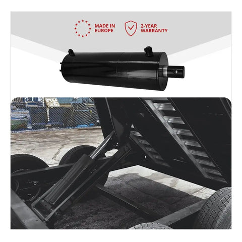 Heavy Duty Workhorse Double Acting Hydraulic Cylinder For Dump Trailers 5 Inch Bore 15.75 Inch Stroke 3500 Psi shown mounted in trailer.