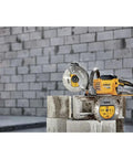 Flexvolt 9 Inch Diamond Cutting Wheel For Masonry And Concrete With Seven Eighths Inch Arbor 6600 Max RPM Beefy Durability on blocks