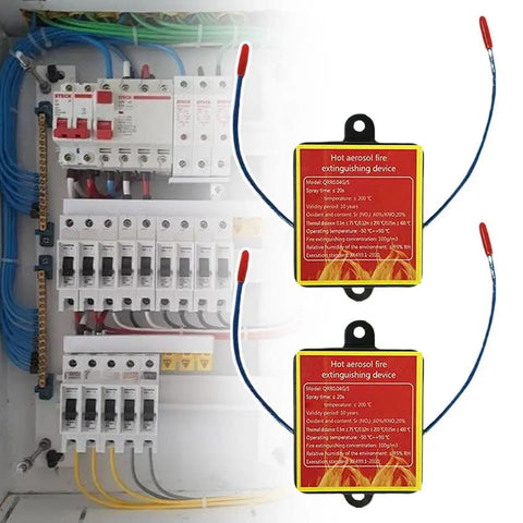 Heat Activated Auto Fire Extinguisher Sticker For Car Engine And Electric Battery Bay Tough As Nails Flame Suppressant Pad displayed on electrical panel.