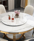 Kickback Ready Round Marble Dining Table Built For Epic Weekend Hangouts Featuring A Smooth White Spinning Lazy Susan And Bold Gold Stainless Steel Base Stretching Fifty Nine Inches Wide with a rotating lazy Susan.