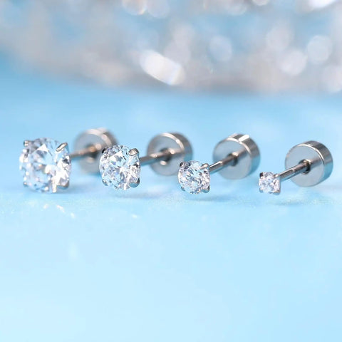 Nailed It 20G Titanium Screw Back Earrings For Sensitive Ears Men Women Hypoallergenic Nickel Free Implant Grade F136 Titanium showcasing four sizes with clear stones.